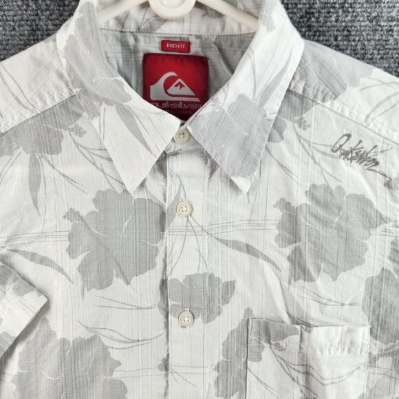 Quiksilver Quicksilver Button Up Shirt Men Small Mid Fit Gray White Floral Surf - Picture 1 of 16